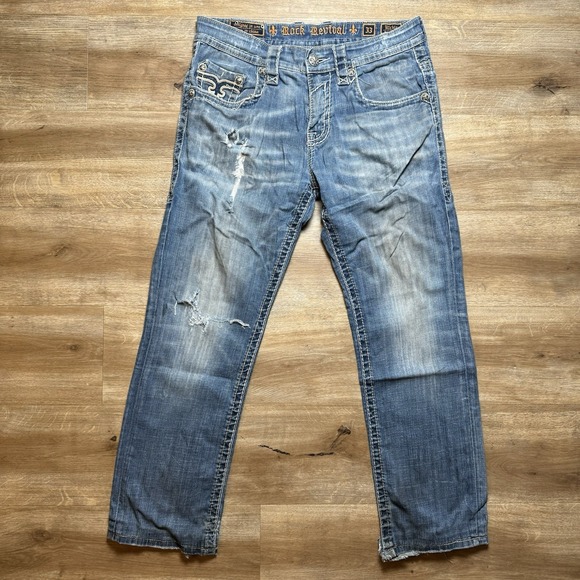 Rock Revival Jeans Mens 33 Richie Straight Leg Thrashed Rockstar Repaired Denim - Picture 2 of 14